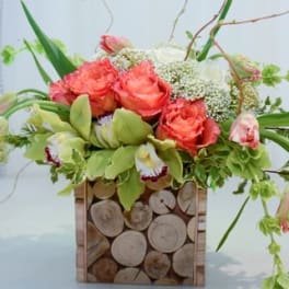 Coral roses and green orchids in a square wood vase