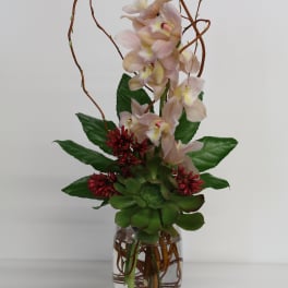 Tall arrangement of pale pink orchids, red blooms, and green succulent in a clear glass vase