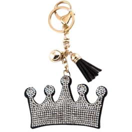 Crown-shaped rhinestone keychain with a black tassel