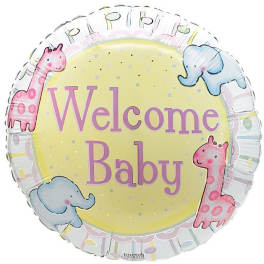Round balloon with "Welcome Baby" text and cartoon giraffes and elephants