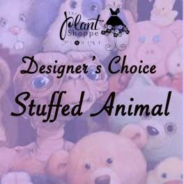 Assorted stuffed animals with a florist logo and designer's choice text