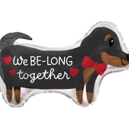 Dachshund-shaped balloon with "We BE-LONG together" text and red hearts