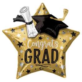 28" "Congrats Grad" Gold Star + Cap Mylar Balloon