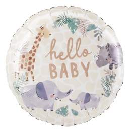 Round baby shower balloon with giraffe, rhino, and elephants