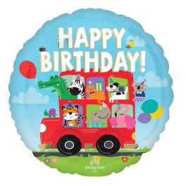Blue birthday balloon with animals riding in a red bus