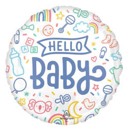 Round balloon with "Hello Baby" text and colorful baby-themed icons