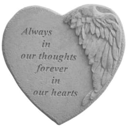 Heart-shaped memorial plaque with angel wings and engraved text