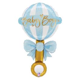 Blue and gold baby boy balloon arrangement with a bow