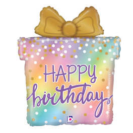 Pastel birthday balloon shaped like a gift box with a yellow bow