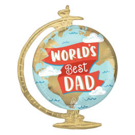 Globe-shaped balloon with "World's Best Dad" text on a gold stand