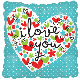 Turquoise heart-shaped balloon with polka dots and "i love you" text