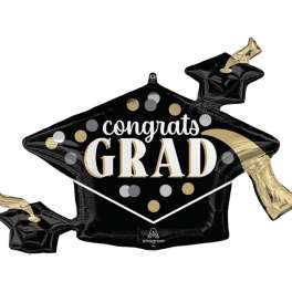 Black graduation balloon with gold and white "congrats grad" text