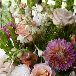 Mixed bouquet with pink roses, white blooms, and purple dahlias