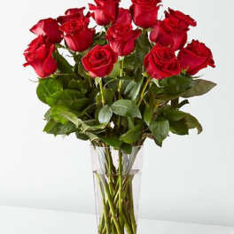Red roses arranged in a clear glass vase