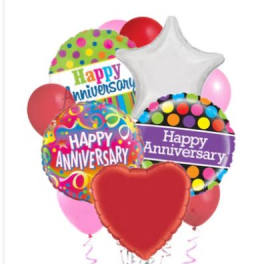 Cluster of colorful anniversary balloons with heart and star shapes