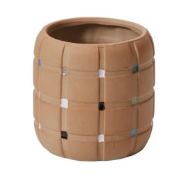 Textured tan ceramic planter with small colored square accents