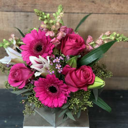 Pink roses and gerbera daisies in a square vase