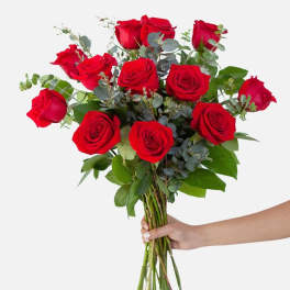 Handheld bouquet of red roses with eucalyptus greenery