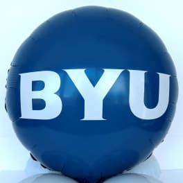 Blue balloon with large white BYU letters
