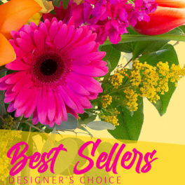Bright mixed bouquet with pink gerbera, orange tulips, and yellow filler flowers