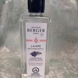 Clear bottle of Maison Berger lavender fields lamp refill with black cap