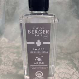 Clear bottle of Maison Berger Air Pur refill with a dark cap