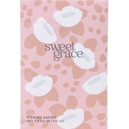 Pink scented sachet package with white floral shapes and leopard print
