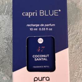 Blue and pink perfume refill box labeled Capri BLUE and Pura Smart Scent