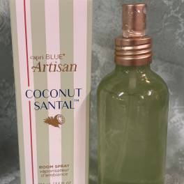 Coconut Santal room spray bottle with matching striped box