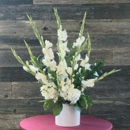 White gladiolus arrangement in a white vase