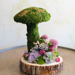 Moss-covered mushroom-shaped arrangement with succulents and crystals on a wood slice base