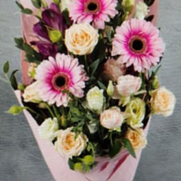 Pink gerbera daisies and cream roses in pink wrap with ribbon