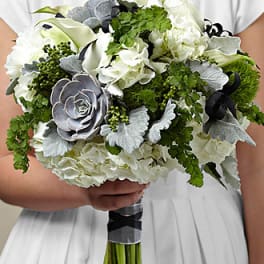 White bouquet with silver succulents and green accents