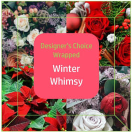 Winter-themed floral collage with roses and poinsettias around a text panel