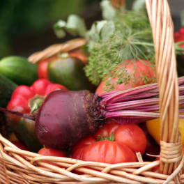 Basket of assorted vegetables including beets, tomatoes, peppers, and cucumbers
