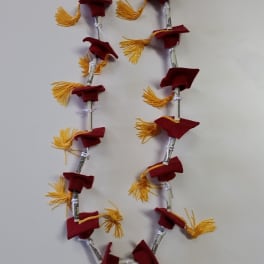 Maroon graduation stole with gold tassels hanging on a wall