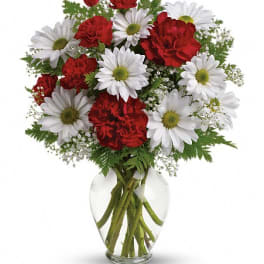 Bouquet of red carnations and white daisies in a clear glass vase