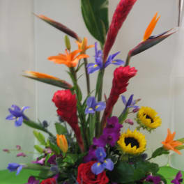 Tall tropical bouquet with red roses, sunflowers, and purple flowers