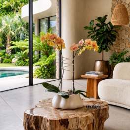 Potted orchid arrangement with peach blooms on a sculptural table