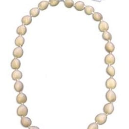 Cream-colored bead necklace with white ribbon tie on white background