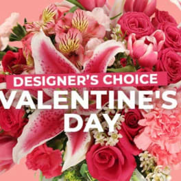Pink and red bouquet with lilies, roses, and carnations