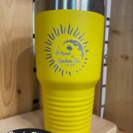 Yellow insulated tumbler with a silver lid and printed sun design