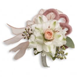 White lily and peach rose corsage with pink ribbon