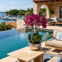 Potted purple orchids in a reflective silver bowl beside a pool