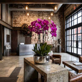 Potted purple orchids in a metallic planter on a concrete table