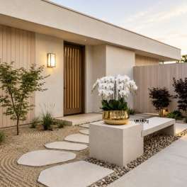 White orchid arrangement in a gold bowl on a modern outdoor bench