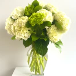 White hydrangea bouquet in a clear glass vase