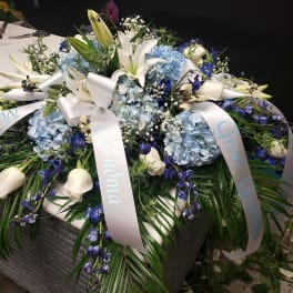 Blue and White casket Spray