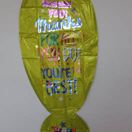 Yellow foil balloon with colorful thank-you text and stars