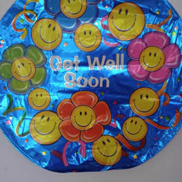 Round blue balloon with smiley-face flowers and "Get Well Soon" text